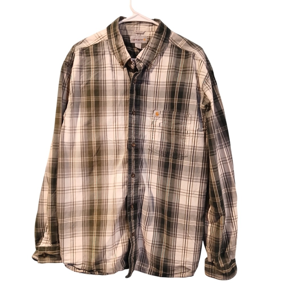 Carhartt Mens Relaxed Fit Plaid Long Sleeve Button Up Shirt XL Green Gray White